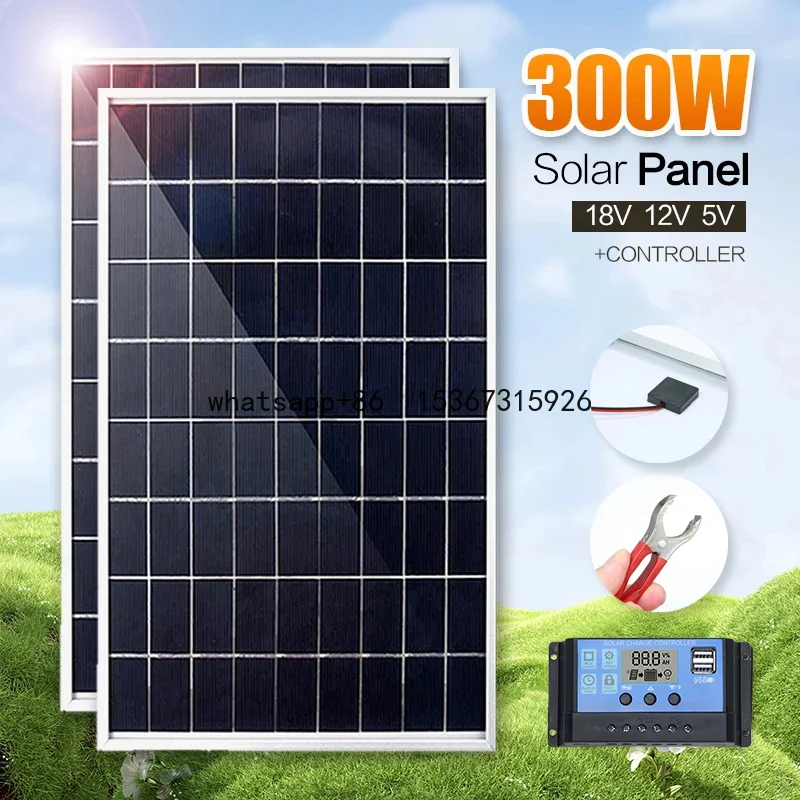 300W Solar Panel Kit Complete 5V 12V Polycrystalline USB Power Portable Outdoor Rechargeable Solar Cell Generator for Camping