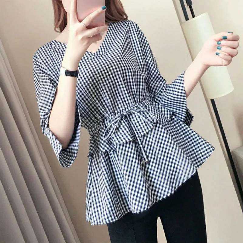 Summer New V-Neck Elegant Women Plaid Blouses Vintage Fashion Shirring Slim Waist Shirt Commuter Femme Three Quarter Sleeve Tops