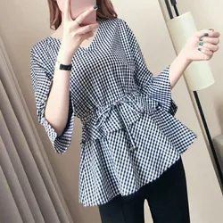 Estate nuove camicette a quadri da donna eleganti con scollo a v Vintage Fashion Shirring camicia a vita sottile pendolare Femme top con maniche a tre quarti