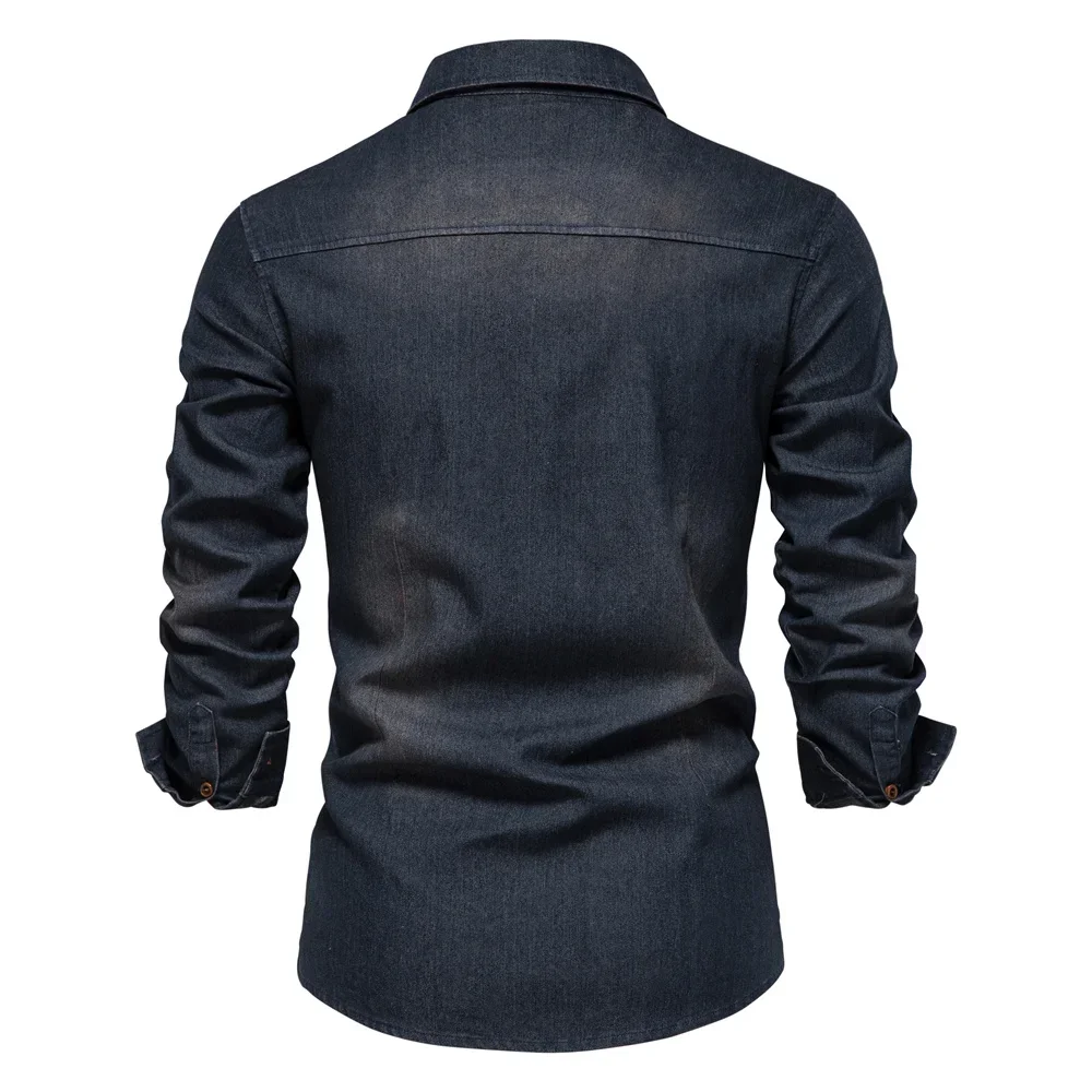 Primavera denim camisa masculina de algodão elástico cor sólida manga longa camisas de cowboy vintage casual fino ajuste jaquetas chemise homme masculino