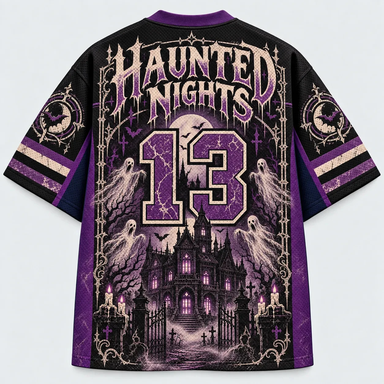 Halloween Jersey, Jack-o'-lantern Haunted Nights Ghost Haunted Castle Candle Bat Moon Print Unisex Streetwear for Trick or Treat