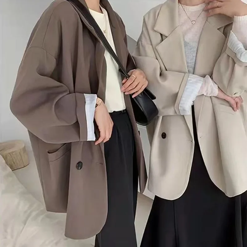

Xpqbb Vintage Loose Blazers Women Elegant Simple Solid Double-Breasted Casual Outwear Female Korean Fashion Business Suit Coat