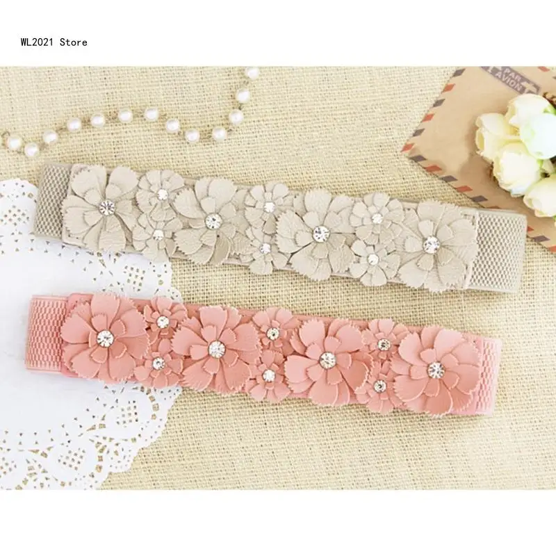Delicate PU Flower Waist Belt Women Elastic Belt Stretchy Flower Belt Wide Waistband for Woman Shirt Blouses Coat Decor
