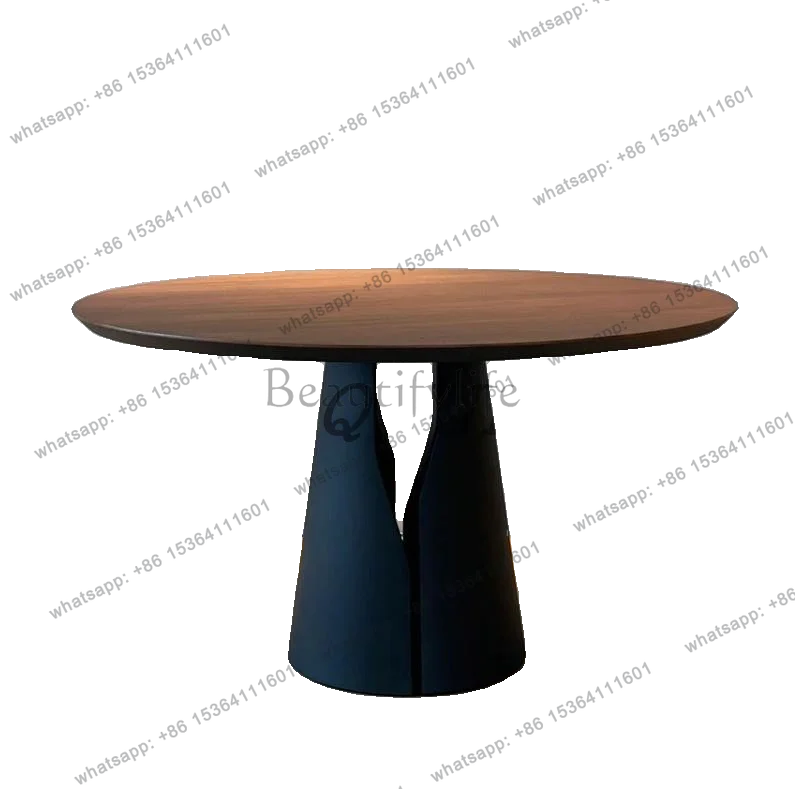 

Medieval silent wind solid wood round small apartment dining table retro stainless steel foot table