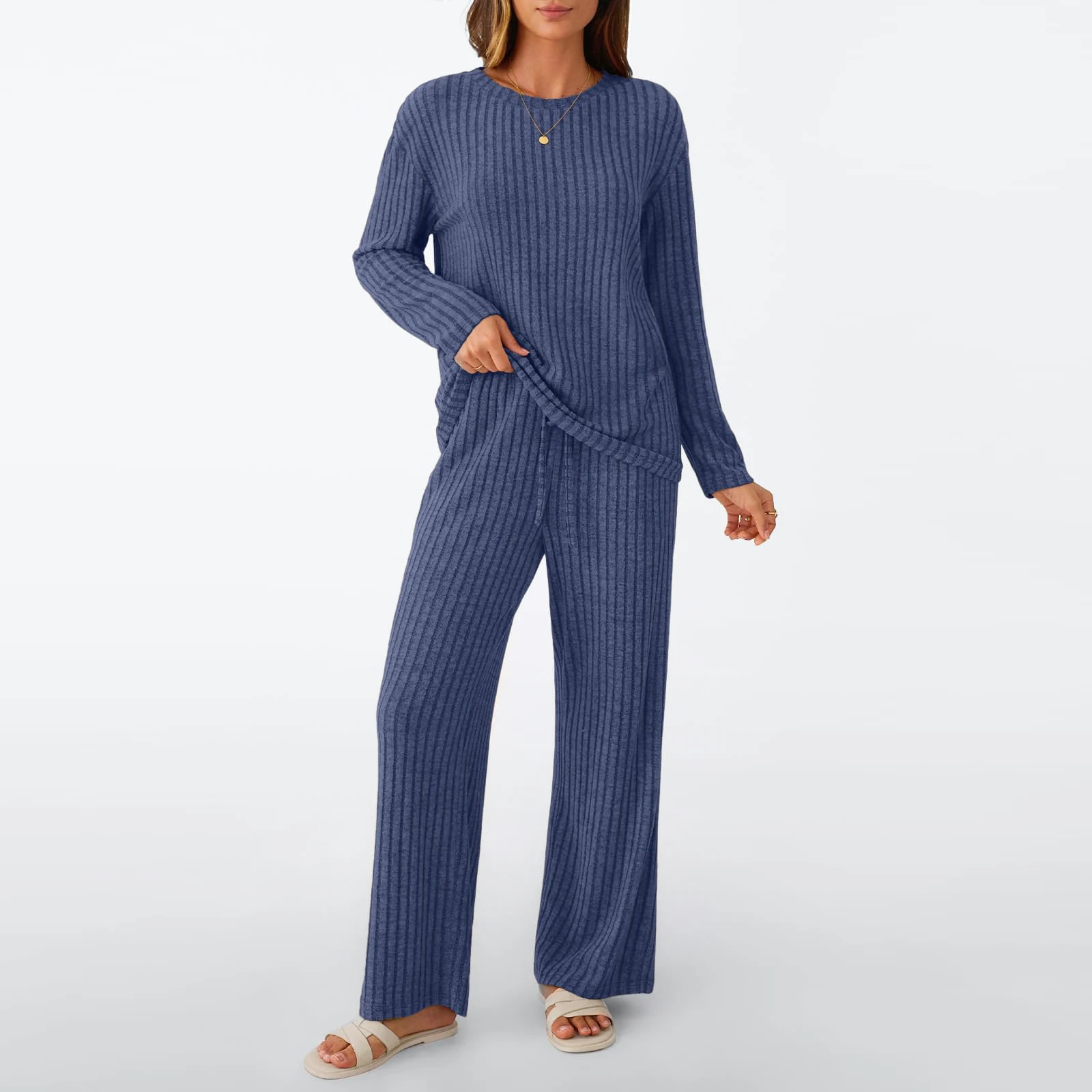 

Autumn and Winter Women's Pyjamas O-neck Brushed Ribbed Long-sleeved Top and Straight-leg Trousers Solid Colour Elegant Homewear