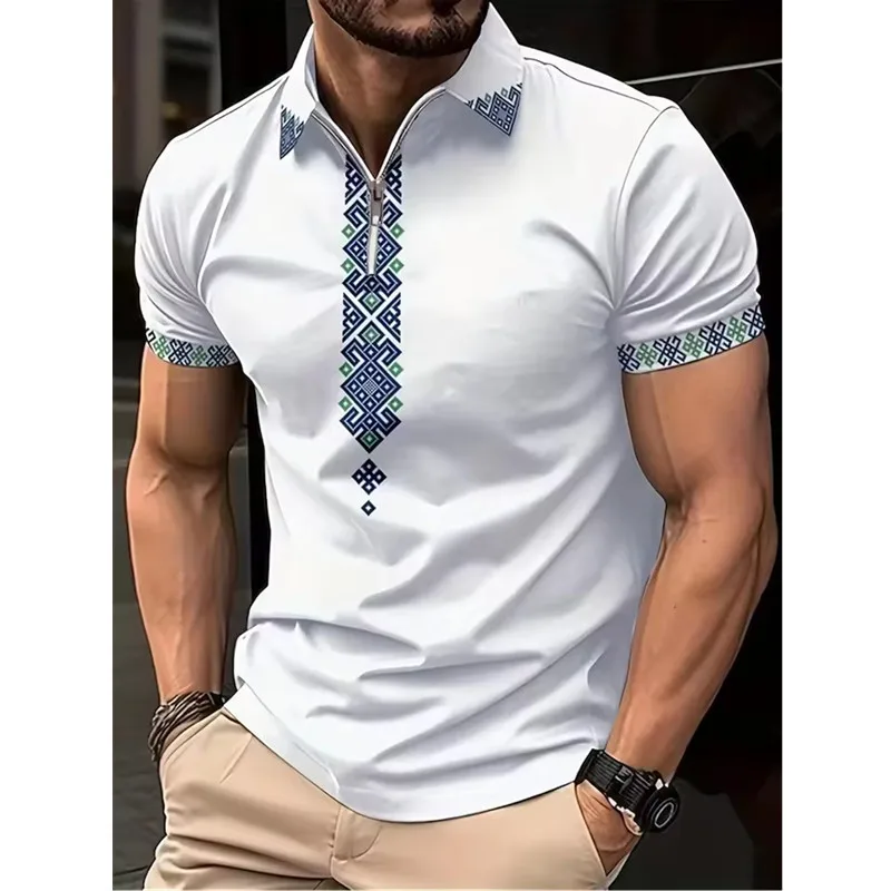 3D Vintage Ethnic Style Casual Polo Shirt Mens Big Size Big Size Short Sleeve Zip Printed Polos Fashion Outdoor Sport Polo Shirt