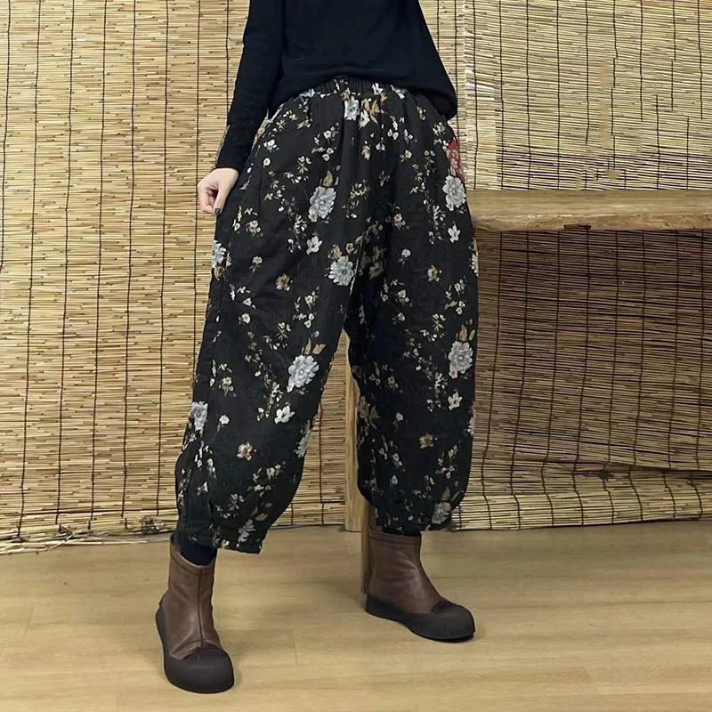 Print Loose Thicken Cotton Lady Ankle-Length Pants Fashion Vintage Casual Lantern Trousers Winter Female Warm Radish Haren Pants