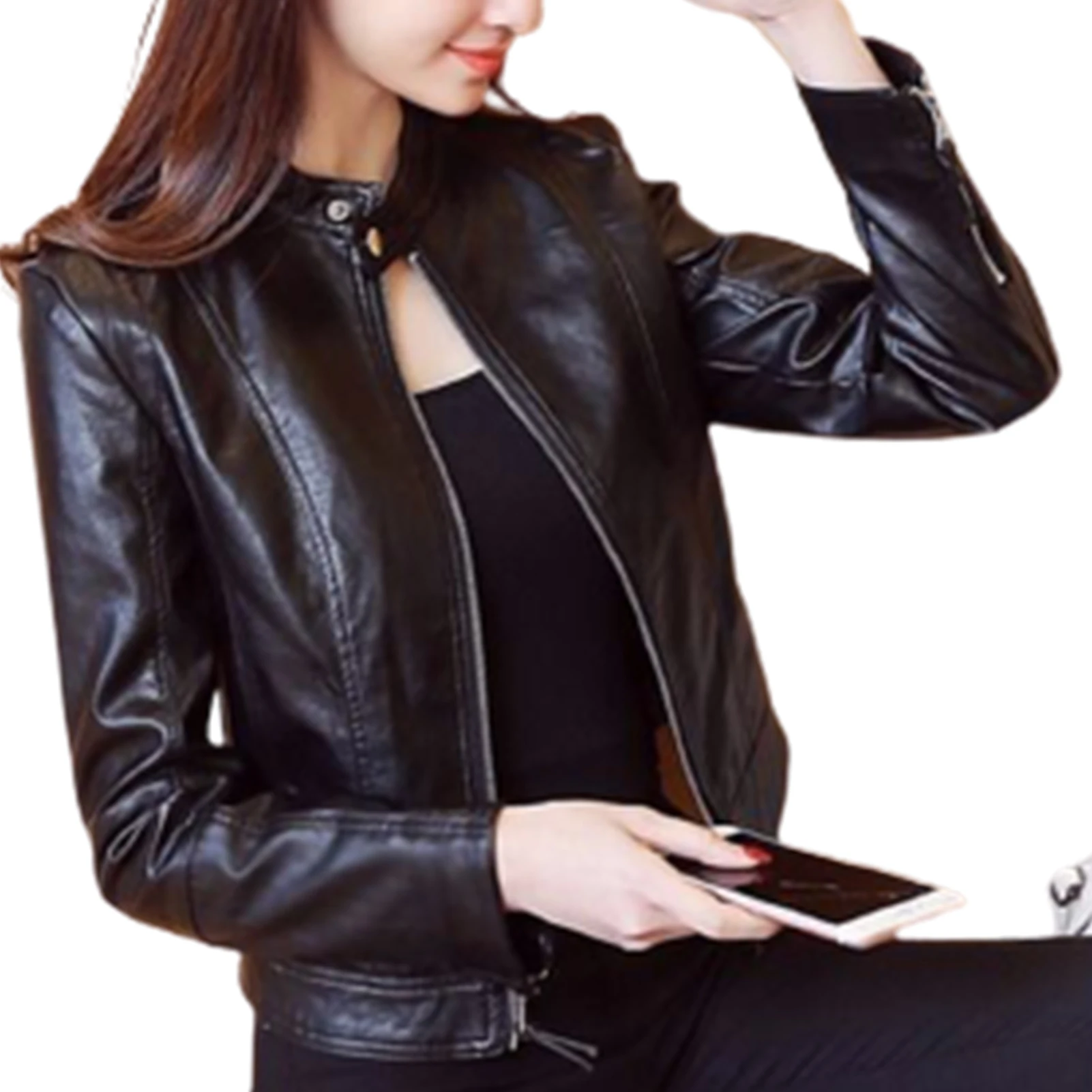 Ladies Slim Short Biker Coat Black Stylish Zip-Up  Biker Coat for Women Daily Casual Wear