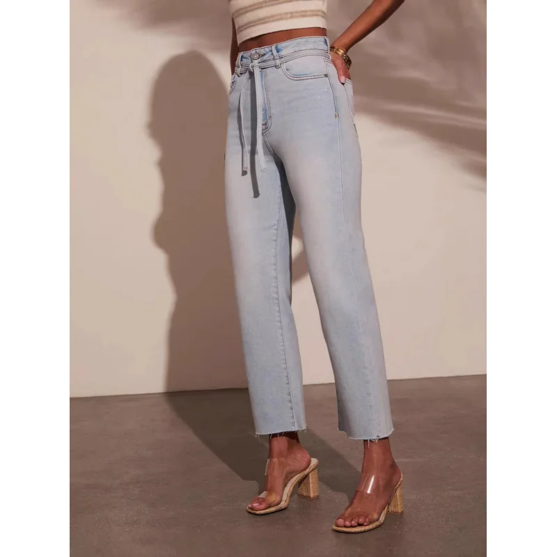 2026 High Waist Strap Washed Straight Leg Jeans for Women Fashion Casual Style