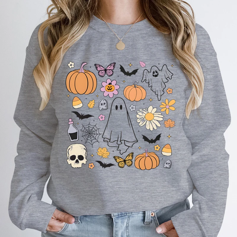 Halloween Ghost Pumpkin Print Sweatshirts Crew Neck Hoodless Pullover Ladies Casual Sweatshirt Long Sleeves Pullovers