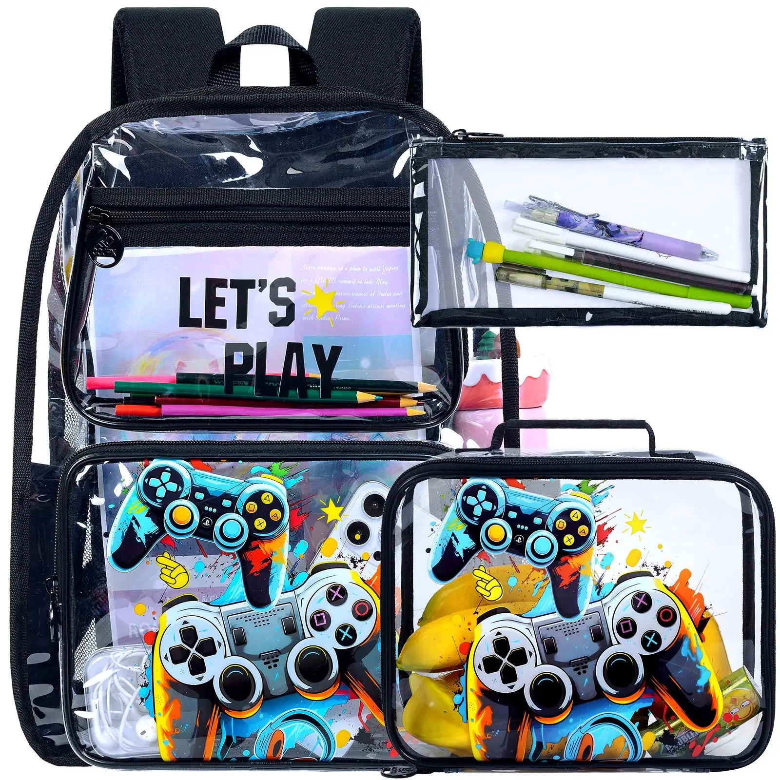 

3PCS Clear Backpack for Girls and Boys, Unicorn Cat Transparent Bookbag, See Through School Bag for Kids Elementary