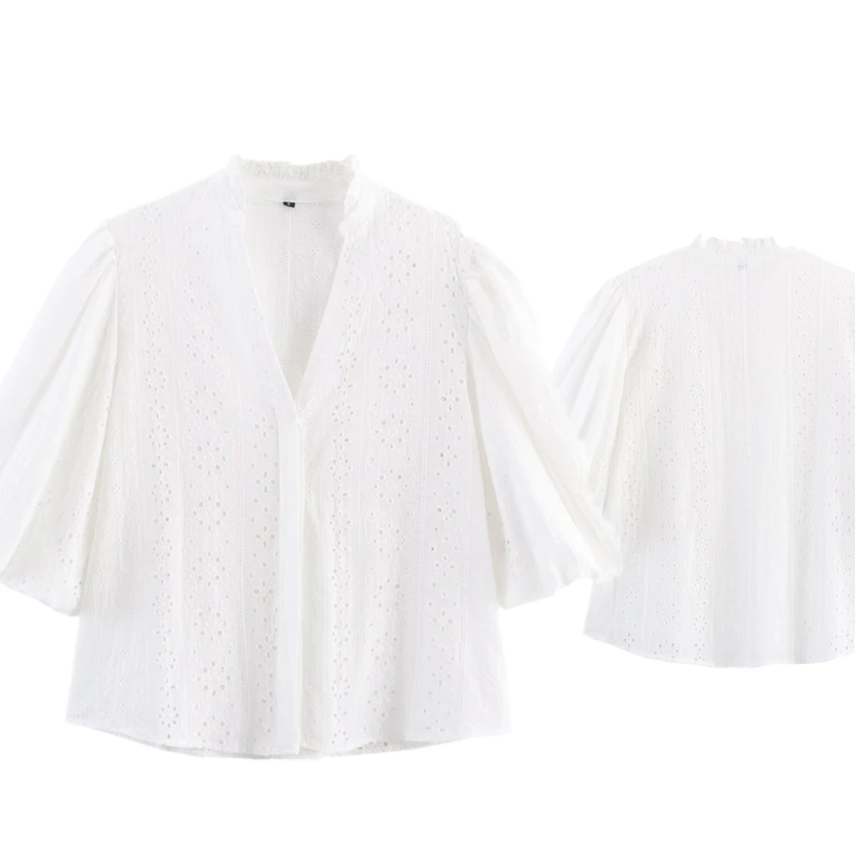 

Withered Minimalist White Cotton Embroidered Hollow Shirt Retro Puff Sleeve Loose Casual Shirt Women Kimono Blouse Ladies