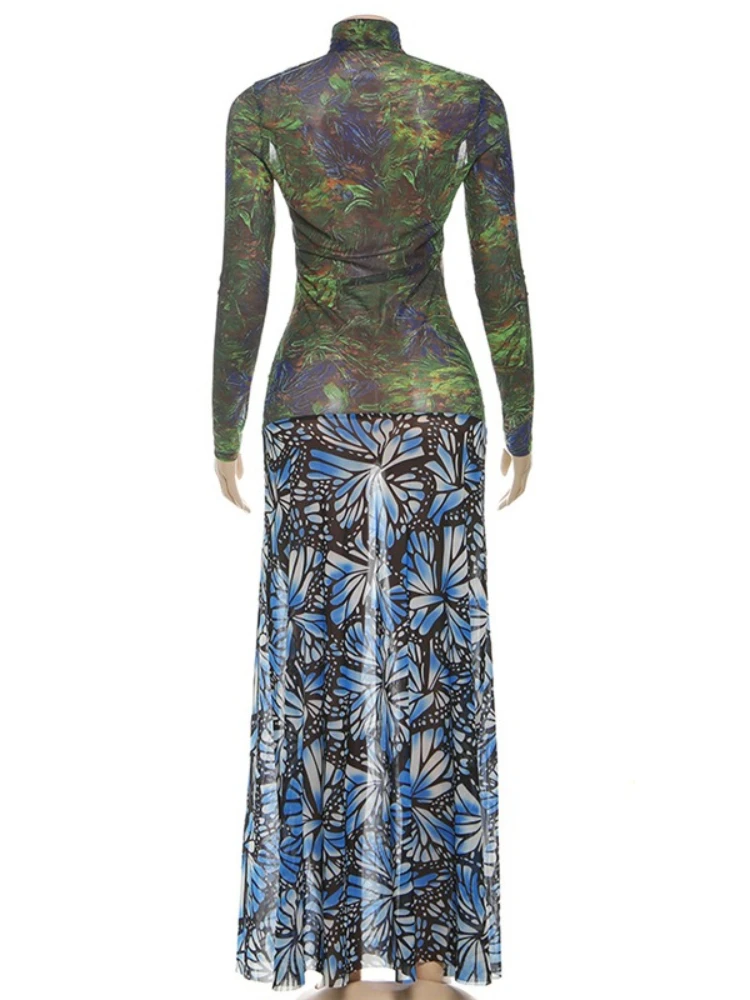 SsTss 2025 nueva moda vestido Maxi estampado mujer Sexy Stand Color manga larga recortado ajustado abertura larga malla Patchwork vestido de fiesta