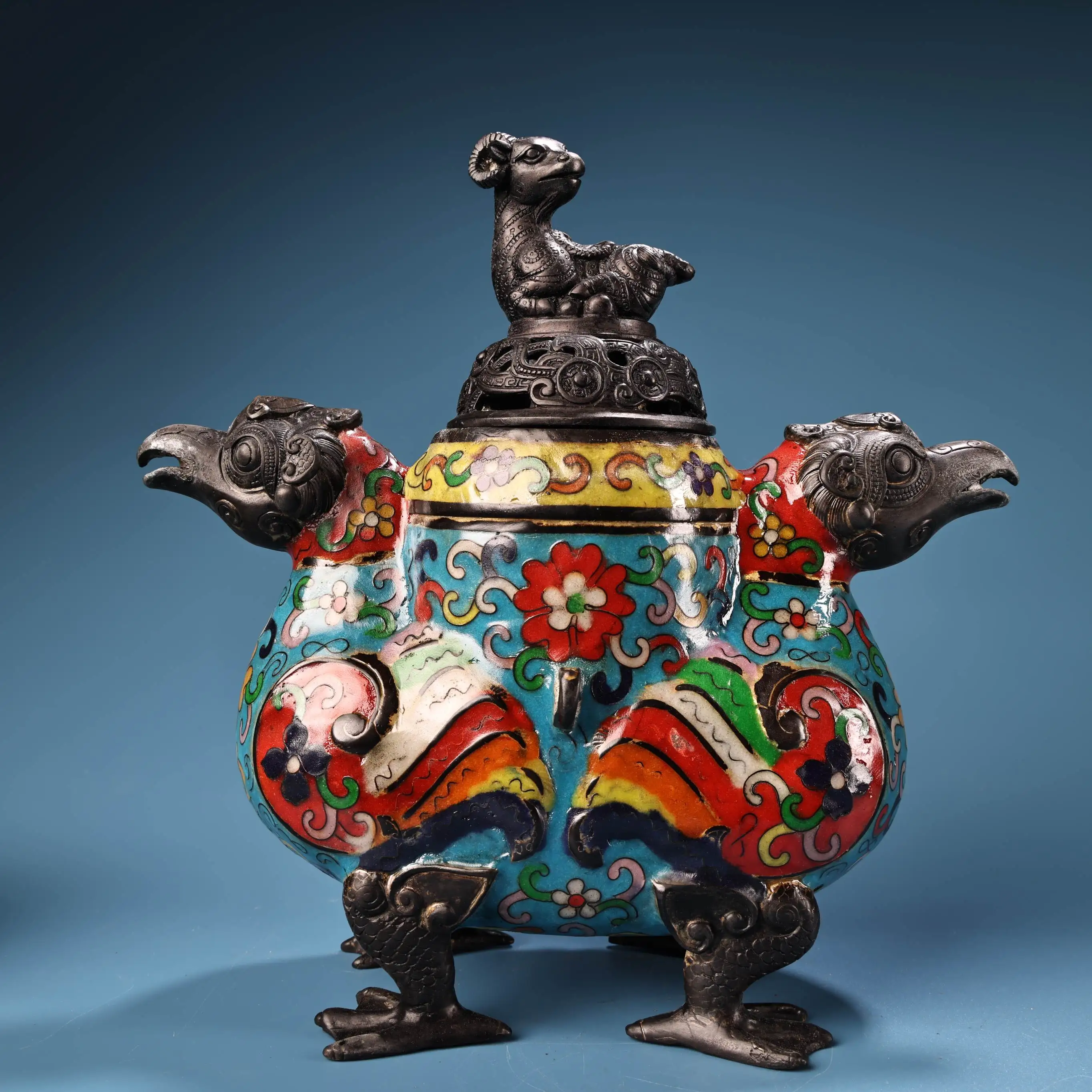 Tibet Folk Old Bronze Cloisonne Enamel Lotus pattern Sheep Statue Cover Double Divine Bird Statue Incense Burner Ornaments