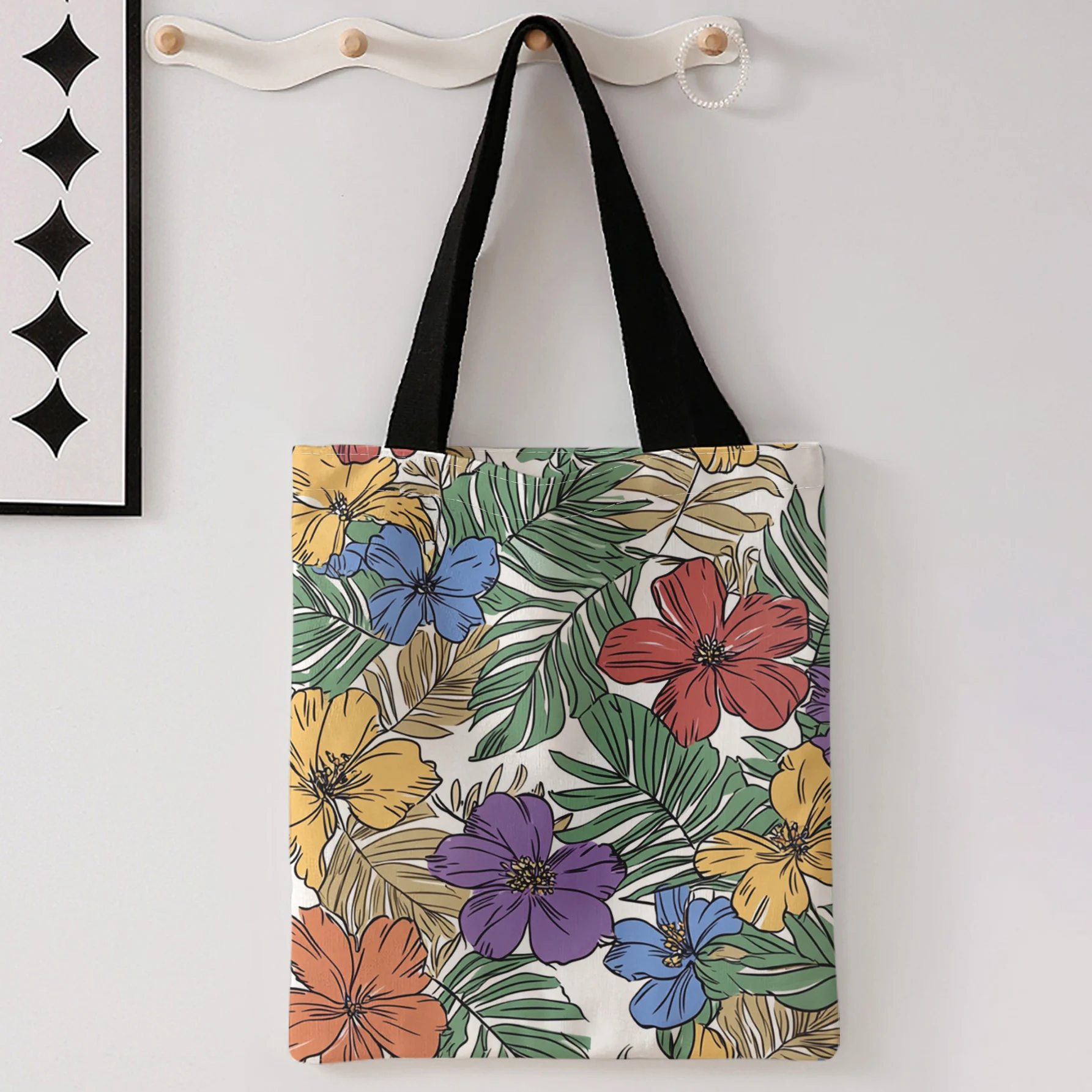 Tropical Floral Print Tote Bag With Black Handles Large Shoulder Handbag For Shopping Daily Use