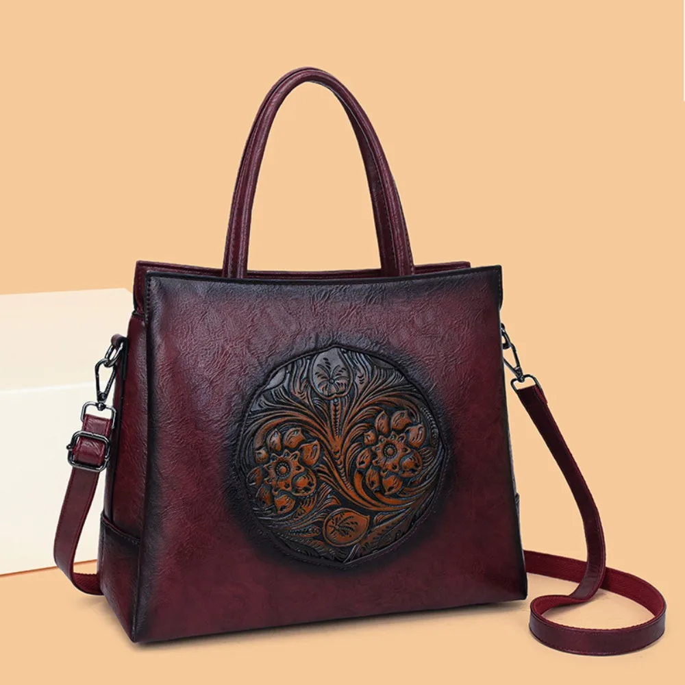 New Chinese Vintage Floral Carved Tote Bag Women's Handheld  Crossbody Shoulder Purse Retro Embossed Hobo for Daily Commute
