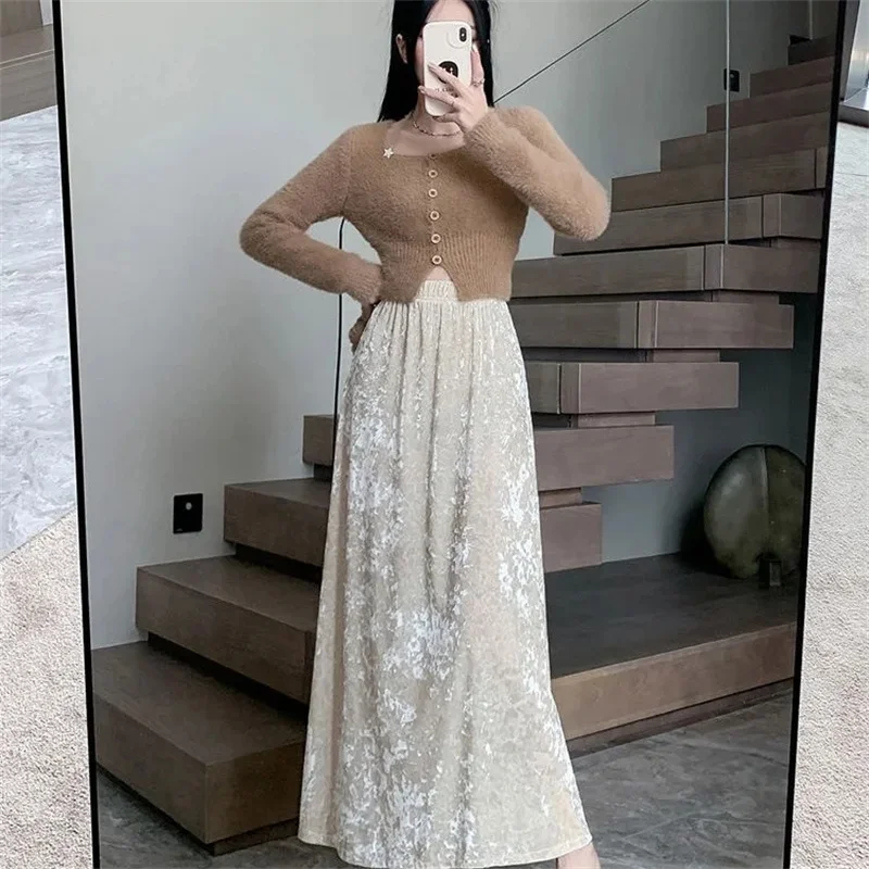 2025 femmes mode jupes décontractées automne hiver dames taille haute Maxi jupe rétro féminin mi-longue doré velours longues jupes