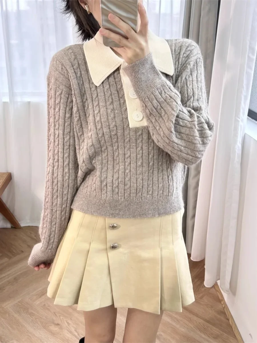 

Women Twisted Sweater Color Contrast Turn-down Collar Long Sleeve Loose Spring 2024 Knitted Pullover