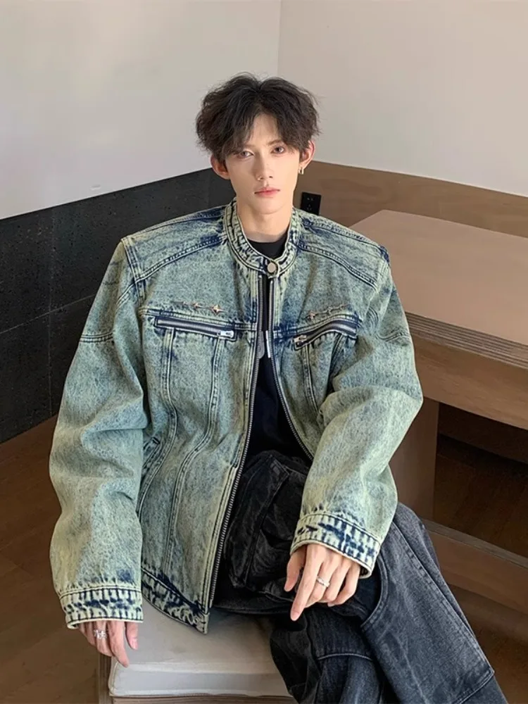 

Ретро-джинсовая куртка в американском стиле для мужчин, летняя, без воротника, с подплечниками, молодежная мода