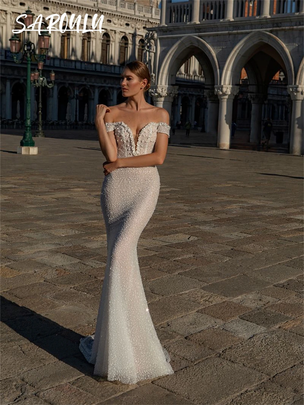 Vestido de novia de lujo con purpurina y cola de capa desmontable, vestidos de novia largos con volantes de tul, personalizados, con hombros descubiertos