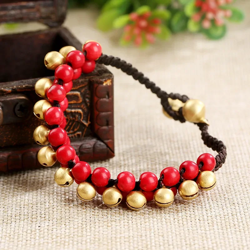 Bohemian Ethnic Style Semi-precious Stone Bell Retro Female Bracelet Wax Rope Hand-woven Beach Style Creative Female Bangle