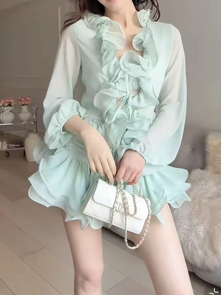 

Весенне-летнее новое сексуальное женское платье с рюшами и длинными рукавами, трехмерный кардиган с цветочным принтом, топ + мини-вербка, костюм из двух предметов