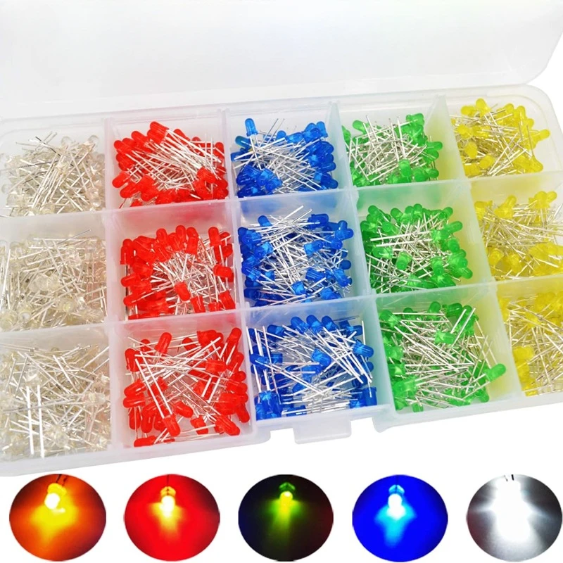 500 PCS (5 Colors x 100PCS) 5mm LED Light Emitting Diode Assorted Kit Box 3V 2V 2.2V 3.2V