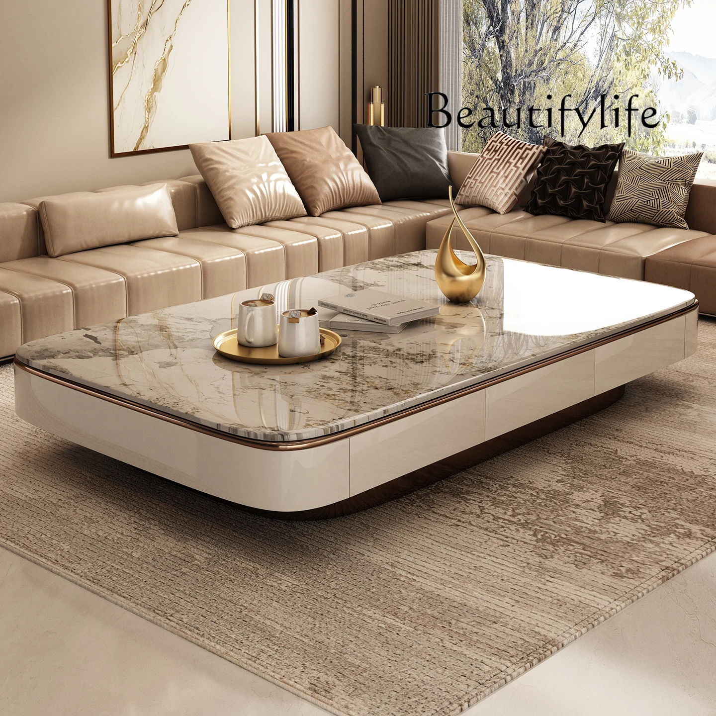 Light luxury rock slab living room coffee table household tea table high-end atmospheric paint cabinet body furniture customize