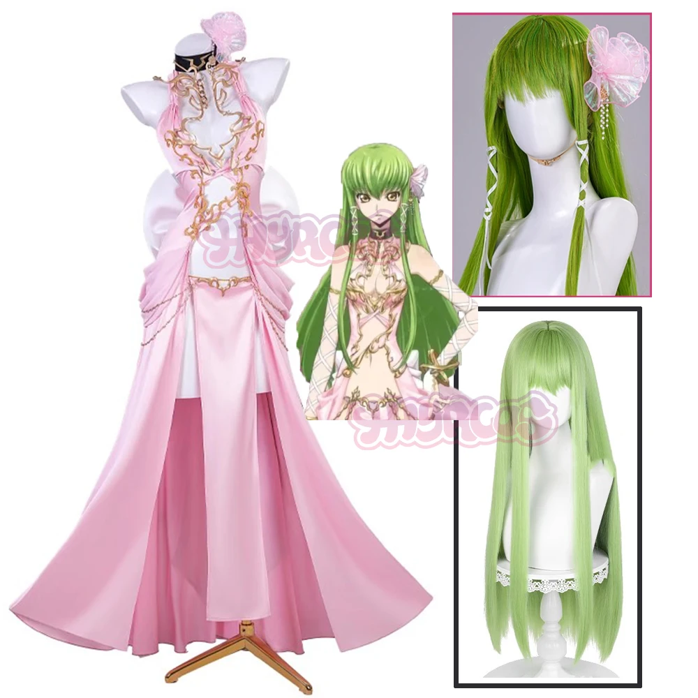 

Anime Code C.C. Cosplay Costume Pink Dress CC Uniform wig Geass Lelouch of The Rebellion Lost Stories Halloween Party Women Girl
