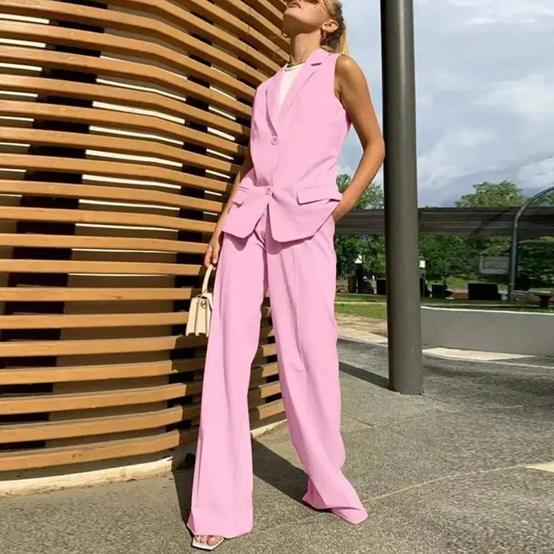 Senhoras do escritório jaqueta blazer colete conjunto de correspondência moda 2 pçs conjuntos de calças feminino branco elegante cintura elástica calças outfits nova summe