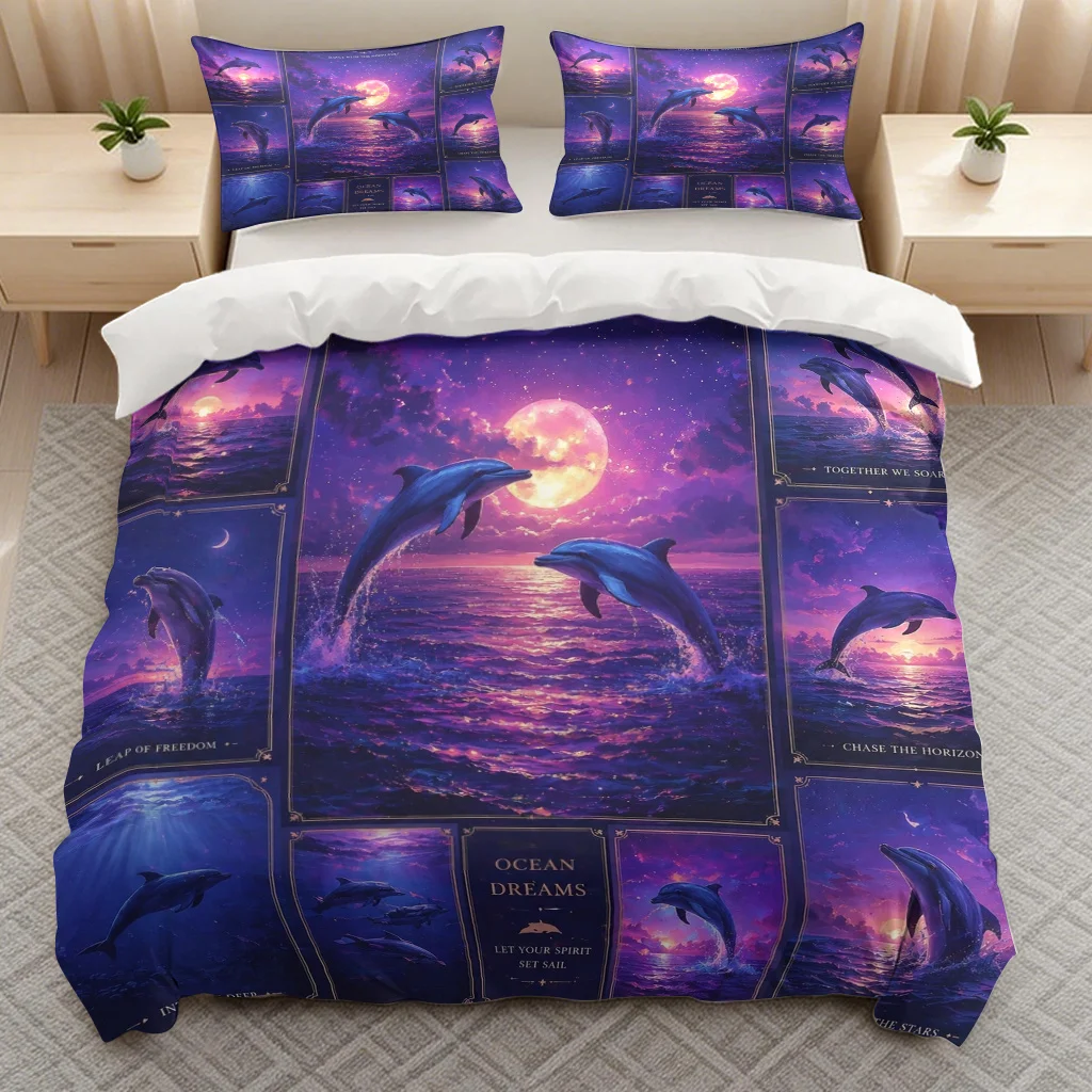 Dolphin Moonlight Ocean Theme Bedding Duvet Cover Set Multi Size Quilt Cover Queen Size Bedroom Bedding Decoration Machine Washable Adult Boy Girl Bedroom