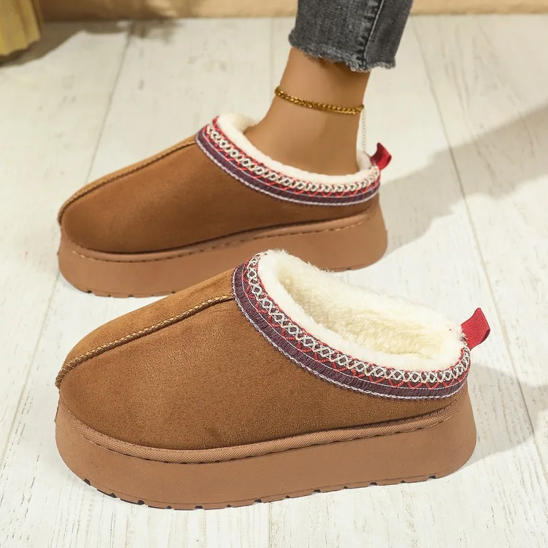 

Hot Winter Women Slippers Plush Interior Anti Slip Thick Sole Fashion Embroidered Warm House Shoes for Ladies Cotton Shoes