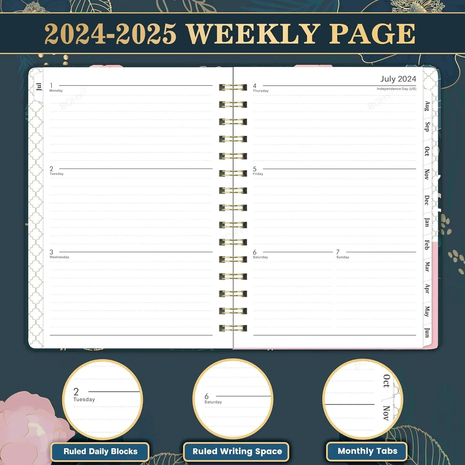 2024 2025 학술 플래너, 주간 및 월별 플래너, 트윈 와이어 바인딩, 180 ° 평면 두꺼운 종이, 월별 탭 내부