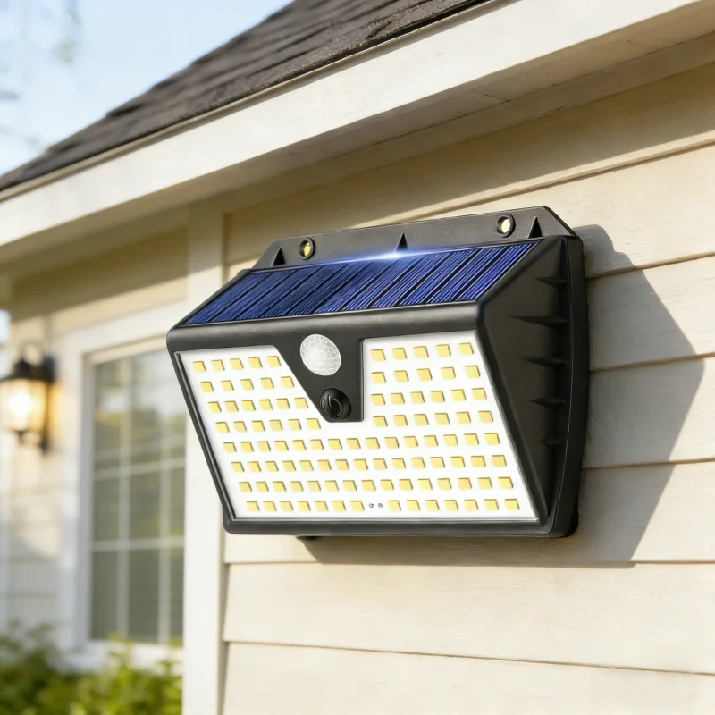 

Солнечный уличный настенный светильник на 103 светодиодах - водонепроницаемый IP65, 3 режима, датчик движения, для сада, гаража, улицы, террасы