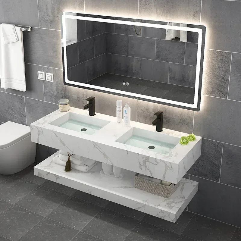 Modern Double Layers Wall Mount Wash Basin Cabinet Rock Slate Marble Sink Floating Bathroom Vanity