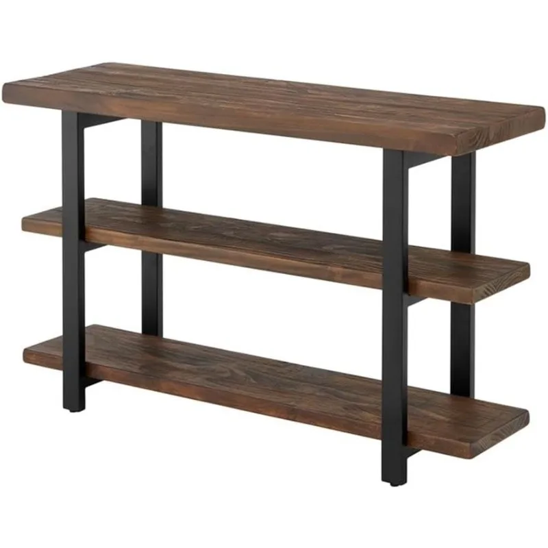 Pomona 48 in. L Solid Pine Solid Wood Media/Console Table w/ 2 Shelves & Metal Legs, Accent Furniture, Home Decor Natural Finish