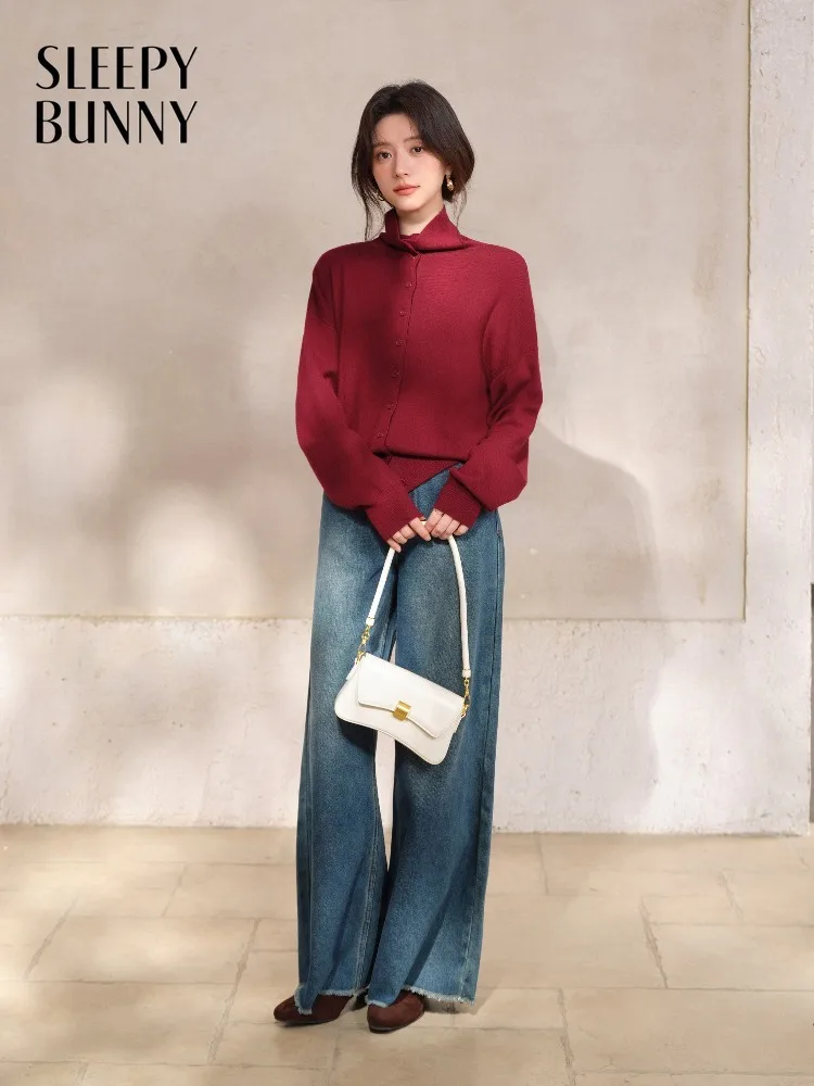 

Винтажный женский вязаный кардиган с напуском и высоким воротом, женский свободный свитер на пуговицах, мягкий уютный милый весенний повседневный многослойный топ