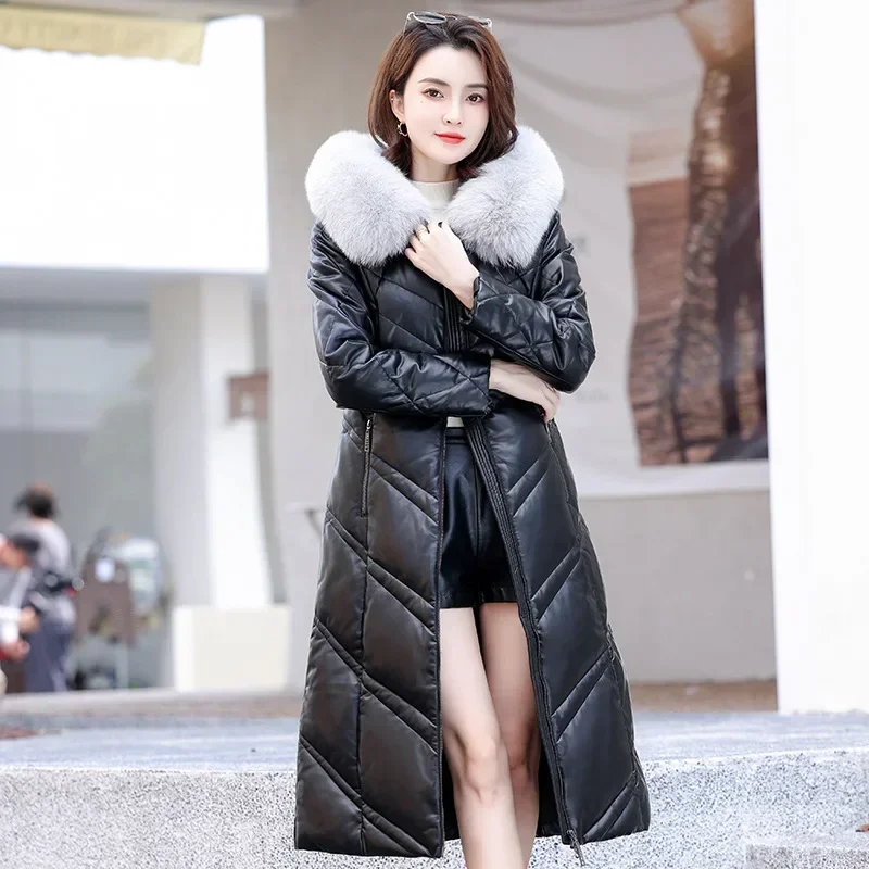 

Genuine Leather Jacket Women 90% White Duck Down Coats Female Casual Jackets for Women Hooded Winter Fox Fur Collar Abrigos