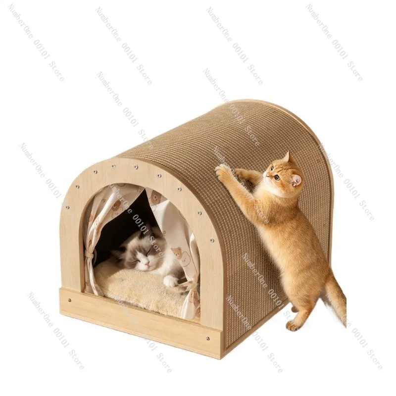 Large Solid Wood Saber-Style Cat Scratch Bed,Wear-Resistant Cat Scratching Board,All-Season Multi-Functional Cat Lounge&Paw
