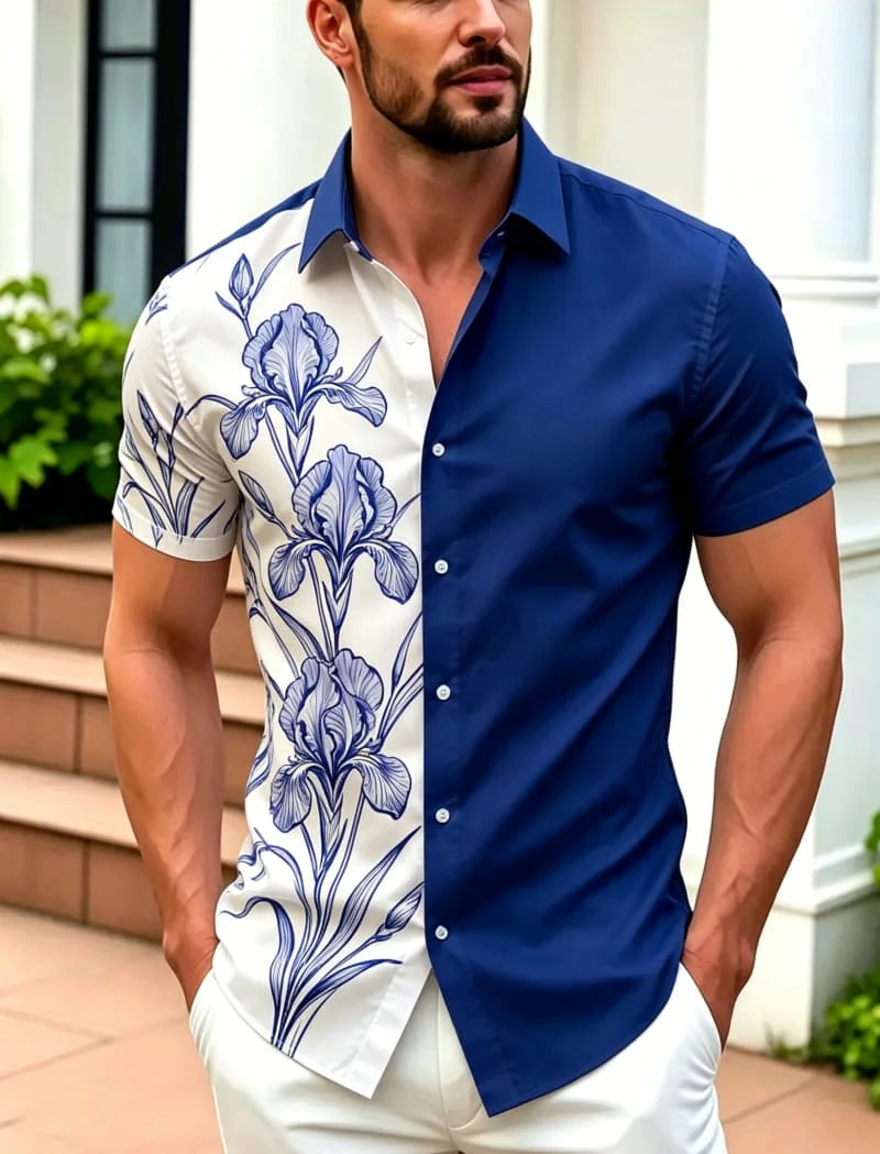 

Men's Half Face Floral Printed Vacation Short Sleeved shirt, For Leisure activities, Street travel, And Exotic Vacation Styles