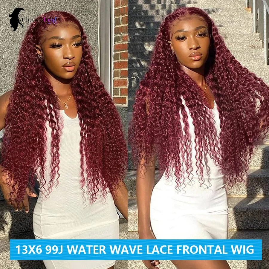 30 Inch 99j Burgundy 13x6 Lace Frontal Wig Water Wave Frontal Wig Curly Wigs 100% Human Hair Deep Wave 180 Density Women's Wigs