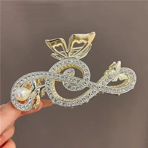 10.5cm Note Hairpin For Women Shiny Color Ponytail Hair Claw Hair Clips Ladies Pearl Rhinestone Butterfly Hair Accessories