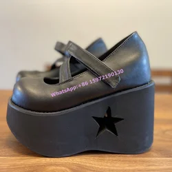 Hollow Five-Pointed Star Pumps Shallow Platform Hook&loop Black Leather Thick Soled Shoes Round Toe Mary Jane Dark Punk Shoes