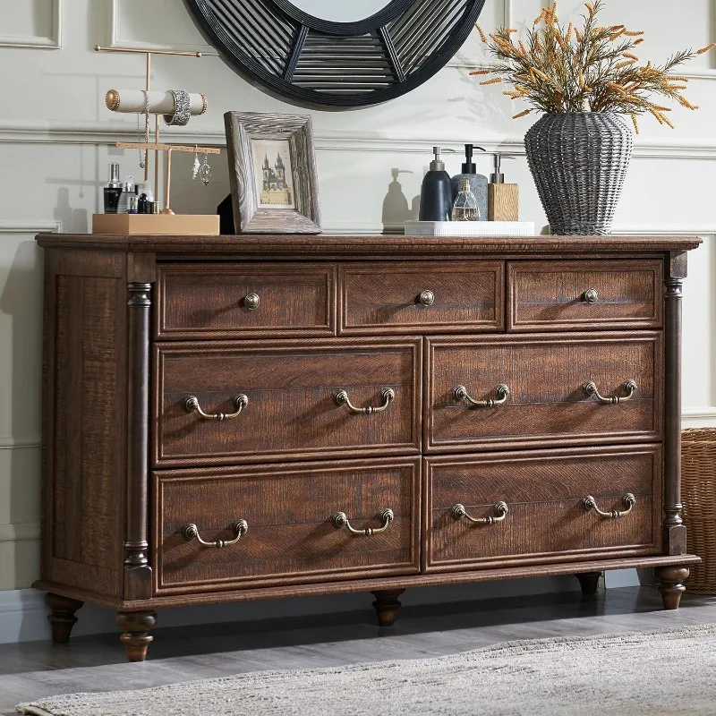 

Farmhouse 7 Drawers Dresser Chests for Bedroom w/ 4 Solid Wood Feet Column Decor Tall Wide Wood Country Rustic Chest of Drawers