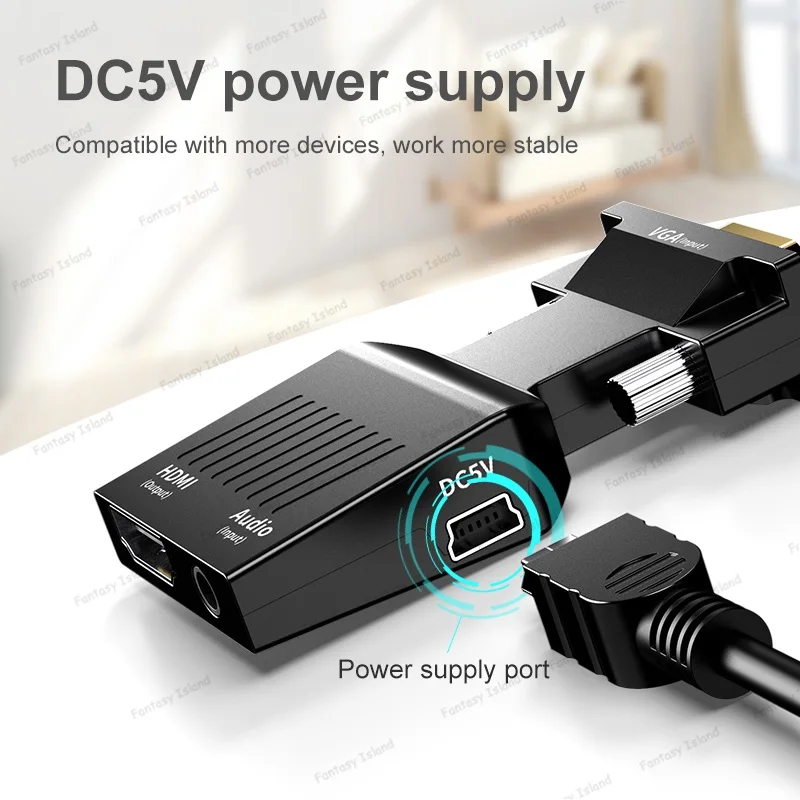 Convertisseur VGA vers HDMI HW-2217 avec audio, convertisseur HD hôte d'ordinateur