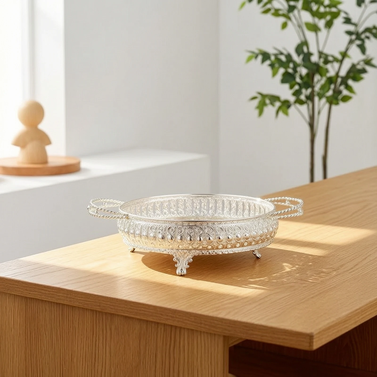 Fruit Bowl with Handles Footed Round Tray with Handles Round Display Tray Openwork Embossed for Hosts, Table Centerpiece