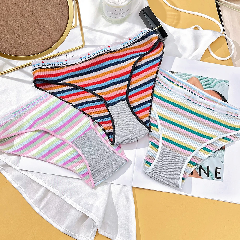 FNIO Women Cotton Colorful Stripe Panties Sexy Underwear Briefs Rainbow Bikini Pants Female Soft Breathable Intimates Lingerie