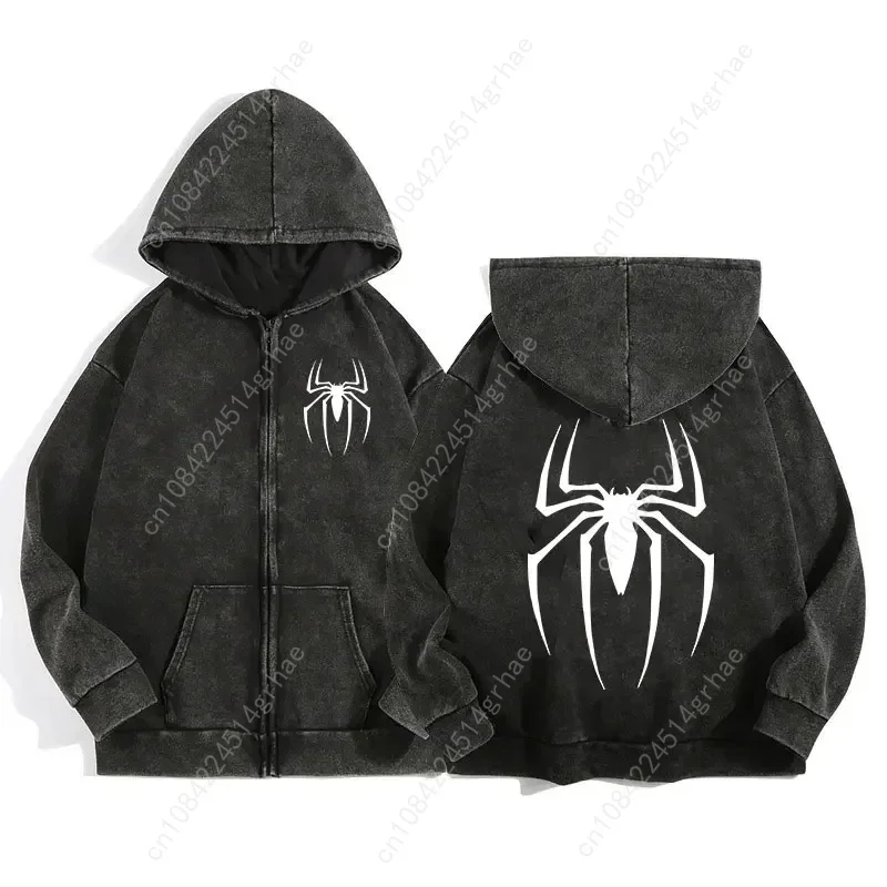 Y2K Acid Wash Zip Up Hoodie Harajuku Retro Gothic Graphic Spider Print Jacket Sweatshirt High Quality Cotton Men Women Clothing