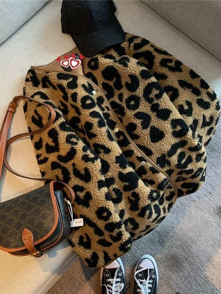 2024 Casual Jackets for Women Single Breasted Faux Fur Leopard Print Long Sleeve Winter Clothes Women Coats Outerwear Streetwear