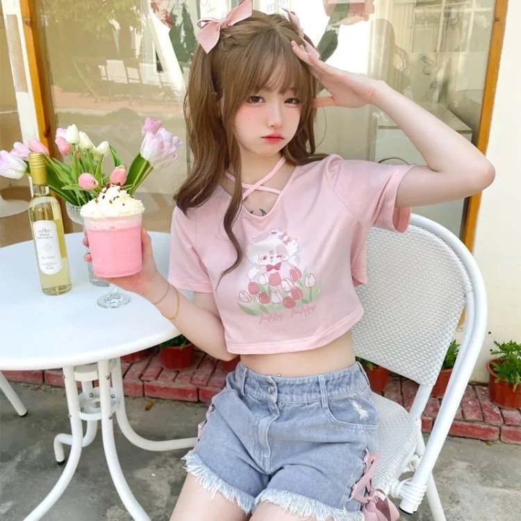 Tulip Puppy Sweet Cute V-neck Lace Up T-shirts 2024 Summer New Back Bow Tops Women Y2k E-Girl Slim Fit Short Sleeve Tee Shirt